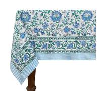72x72 Inches Square Hand Block Printed Cotton Tablecloth, Blue Green Floral Table Cloths Washable, Indian Table Linen For Dinning Home Decor Summer Spring Autumn Outdoor Thanksgiving Valentine Gifts