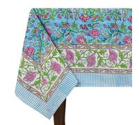 72x72 Inches Square Hand Block Printed Cotton Tablecloth, Blue Green Floral Table Cloths Washable, Indian Table Linen For Dinning Home Decor Summer Spring Autumn Outdoor Thanksgiving Valentine Gifts