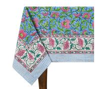 72x72 Inches Square Hand Block Printed Cotton Tablecloth, Blue Pink Floral Table Cloths Washable, Indian Table Linen For Dinning Home Decor Summer Spring Autumn Outdoor Thanksgiving Valentine Gifts