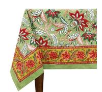 72x72 Inches Square Hand Block Printed Cotton Tablecloth, Red Green Floral Table Cloths Washable, Indian Table Linen For Dinning Home Decor Outdoor Halloween Christmas New Year Thanksgiving Gifts