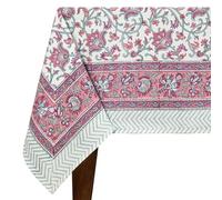 72x72 Inches Square Hand Block Printed Cotton Tablecloth, White Pink Floral Table Cloths Washable, Indian Table Linen For Dinning Home Decor Summer Spring Autumn Outdoor Thanksgiving Valentine Gifts