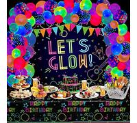 73 Pieces Glow Neon Birthday Party Supplies - Let's Glow Backdrop Banner, Black Light Neon Tablecloth, Glow in The Dark Balloons for Kids Photo Booth Prop Neon Party Decorations