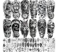 73 Sheets Realistic Lion Temporary Tattoos For Men Women Adults, Zeus Poseidon God Half Arm Sleeve Fake Tattoo Sticker Tiger Wolf Skull Flower, 3D Temp Bulk Long Lasting Owl Ship Halloween Tattoo Rose
