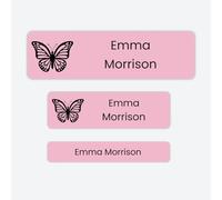 73 x Mixed Size Personalised Stick On Waterproof Washable Name Labels Great for Clothes, Toiletries School Uniform, Water Bottles - Butterfly Icon Pink