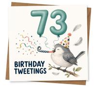 73rd Birthday Card for Her, Birthday Tweetings Bird | For her 73rd birthday: teal balloon numerals, “Birthday Tweetings” on the front, plus a sweet bird with party blower.