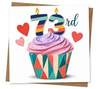 73rd Birthday Card for Her, Candle Numbers, Cupcake | Celebrate Her 73rd with candle-topped striped number lettering, a bright cupcake centrepiece and scattered hearts.