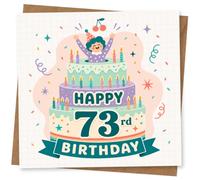 73rd Birthday Card for Her, Funny Cake Design | Eye-catching greeting card; Funny Cake artwork for her on a 73rd birthday with a warm, memorable feel