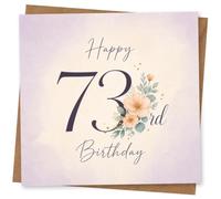 73rd Birthday Card for Her, Pastel Florals & Flowing Script | A graceful 73rd design: large 73, soft floral sprays and elegant script “Happy” and “Birthday” on a light wash background.