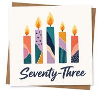 73rd Birthday Card for Her, Patterned Candles & Seventy-Three | Five tall patchwork candles with glowing flames and bold “Seventy-Three” lettering-cheerful 73rd birthday card for her.