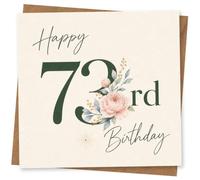 73rd Birthday Card for Her, Pink Peony on Green 73 | Happy 73rd Birthday card for her with deep green “73rd”, soft pink peony blooms, blue-grey leaves and gold sprigs.