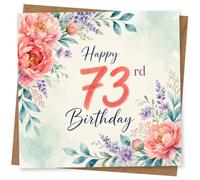 73rd Birthday Card for Her, Watercolour Florals & Script | “Happy 73rd Birthday” message on a pale wash background, finished with pink peonies, purple flowers and foliage.