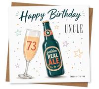 73rd Birthday Card for Uncle, Real Ale Bottle & Glass | Features “Happy Birthday Uncle”, a Golden Real Ale bottle, champagne flute with 73, confetti dots