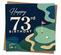 73rd Birthday Card, Happy Golf Course Flag & Cart | Bold “Happy 73rd Birthday” lettering over a golf green with flag pin, ball, bunkers, water and a buggy.