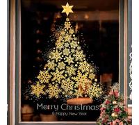 74 * 100cm Gold Xmas Tree with Snowflake Window Clings,QRTDXP Double-Sided Christmas Window Stickers, Reusable Xmas Decals for Christmas Shop Glass Decoration