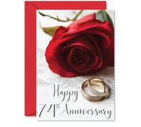 74th Anniversary Card for Women and Men, Gold Rings Red Rose
