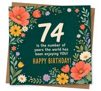 74th Birthday Card, 74th Birthday Card for Her or Him - Floral Green Design with Large 74 and Happy Message