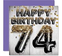 74th Birthday Card for Men - Black & Gold Glitter Balloons - Happy Birthday Cards for 74 Year Old Man Dad Great Grandad Grandpa Gran, 145mm Greeting Cards Gift