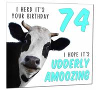 74th Birthday Card for Men Women Cow Pun Funny Birthday Card for 74 Year old Woman Nan Grandma Mum Aunt Ladies Nan Friend Sister Seventy Four, Seventy Fourth Nanny