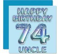 74th Birthday Card for Uncle - Blue Glitter Party Balloons - Happy Birthday Cards for 74 Year Old Uncle from Nephew Niece, 145mm Bday Greeting Cards Gift