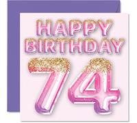 74th Birthday Card for Women - Pink & Purple Glitter Balloons - Happy Birthday Cards for 74 Year Old Woman Mum Great Nanny Grandma Gran, 145mm Greeting Cards Gift
