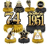 74th Birthday Decorations Set, 1951 Table Toppers for Women Men Birthday Party Supplies, Happy 74 Year Old Table Decoration for Grandpa Grandma, 9Pcs Black & Gold Honeycomb Centerpieces