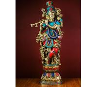 75 cm Large Brass Lord Krishna Statue with Stone Work - Krishna Bhagavan Idol for Home Entrance Decor and Hindu Marriage Gift