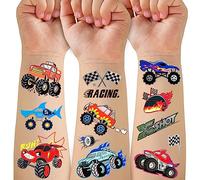 75 PCS Truck Temporary Tattoo for Kids, Groovy Metallic Styles Tattoos for Truck Birthday Party Supplies -Racing Car Checkered Flag Trophy Flames Wheel Fake Tattoo Stickers for 5 6 7 8 Years Old Boys