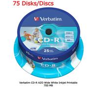 75 x Verbatim Blank CD-R 52x White CD Printable 700MB 80Mins Discs in Spindle