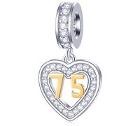 75 Years Old Anniversary Charms fit Pandora DIY Bracelet, 18K Gold Number 75 Dangle, 925 Sterling Silver 75th Birthday Heart Pendant Beads with CZ, Gifts for Momma/Grandparents/Retirement