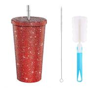 750ml Rhinestones Tumbler With Handle & Stainless Steel Straw Glitter Water Bottle, Shiny crystal Insulated Bling Cup With Lid Brush for Women Travel Outdoor Portable Fashion Reusable Mugs (Red)