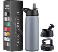 750ml Triple Walled, Insulated Water Bottles with Straw - Stainless Steel Metal Bottle W/ 3 Leak Proof Lids - For Travel, School, Sports, Gym/Men, Women (Modern Lava Gray)