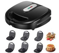 750W Grill Maker Machine, 6-in-1 Mini Donut Machine with 6 Baking Pans&Indicator Lights, Double Sided Heating & Non-Stick Pan, Sandwich Toaster for Home Outdoor Company