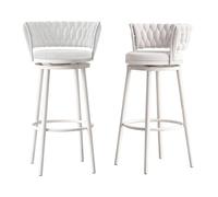 75cm Counter Height Bar Stools with Woven Back Set of 2, Velvet Upholstered Counter Stools with White Metal Legs for Kitchen Island, Pink (White Height 65cm)