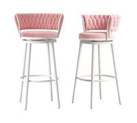 75cm Counter Height Bar Stools with Woven Back Set of 2, Velvet Upholstered Counter Stools with White Metal Legs for Kitchen Island, Pink (Pink Height 65cm)