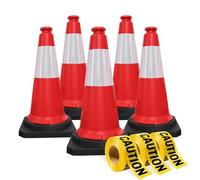 75CM Traffic Cones with 2” x 50 meter Caution Tape, High Visibility Safety Cone with Reflective and PVC Black Base, 30 Inch PE Portable Road Cones for Street, Wind Resistant Traffic Cone (Set of 5)