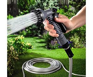 75ft Bergman Stainless Steel Hose with 7 Function Spray Gun Nozzle - Lightweight Flexible Kink Free Rustproof Peirce & Puncture Resistant Outdoor Garden Metal Hosepipe for Plant & Lawn Watering