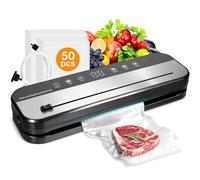 75KPa Vacuum Sealer Machine, 6-in-1 Automatic Food Sealer with Built-in Cutter & 50 Bags, LED Countdown, 5mm Wide Seal for Dry/Moist Food, Meal Prep and Sous Vide