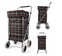 75Ltr Lightweight 4 Wheel Shopping Trolley/Grocery Cart - Easy Push Foldable Steel Frame, Smooth Glide Wheels & Adjustable Handle (Black Checked) ST-FOUR-01