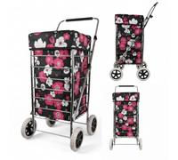 75Ltr Lightweight 4 Wheel Shopping Trolley/Grocery Cart - Easy Push Foldable Steel Frame, Smooth Glide Wheels & Adjustable Handle in Black