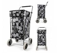 75Ltr Lightweight 4 Wheel Shopping Trolley/Grocery Cart - Easy Push Foldable Steel Frame, Smooth Glide Wheels & Adjustable Handle (BLACK WHITE FLOWER) ST-FOUR-01
