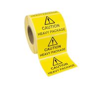 75mm x 50mm Caution Heavy Package Labels/Stickers. Yellow Labels, Black Print. Strong Permanent Adhesive. 500 per roll.