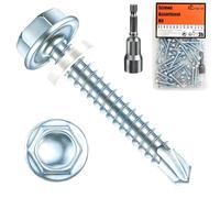 (75Pcs) #10×1-1/2"(4.8mm×38mm) Suneke Hex Washer Head Self-Drilling Screws, Silver Zinc Plated Steel, TEK Screws with External Hex Drive, Waterproof Washers, Matching Drill Bit, Organized Box
