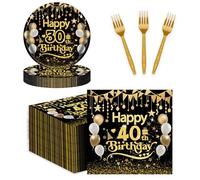75pcs 40th Birthday Party Tableware Set, Black Gold Adult Happy Birthday 25X7in Disposable Plates 25X6.5in Cocktail Napkins Forks Cheer to 1985 for Birthday Party Serve 25
