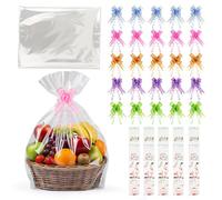 75PCS Cellophane Bags, 30x24 Inch Clear Wrapping Paper for Hampers, with 25 Pull Bows and 25 Greeting Cards Clear Hamper Kit for Candy Cookie Basket Wrap Birthday Christmas Shower Wedding Party Favors