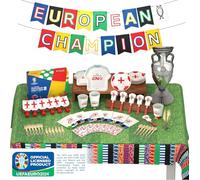 75Pcs EURO2024 Official Licensed England Flag Decoration Football Party Supplies for 6 Guests, Includes Trophy Balloon & Clappers, Blowers, Banner, Tablecloth, Plates, Napkins, Cups, Cutlery