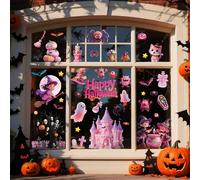 75PCS Halloween Window Clings, 9 Sheets Halloween Decorations, Cute Pink Castle Witch Tree Zombie Ghost Patterns PVC Window Stickers for Treat or Trick Party Favors Decal Supplies Decor Accessories