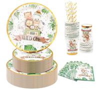 75PCS Jungle Animal Tableware Set for 15 Guests - 9” & 7” Safari Plates, Cups, Napkins & Straws - Zoo Party Disposable Set for Kids Birthday, Baby Shower, Picnic