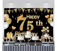 75th Birthday Backdrop for Women Men 75 Years Anniversary Party Black and Gold Balloons Decorations Photo Background for Important daysPhotography