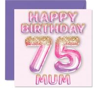 75th Birthday Card for Mum - Pink & Purple Glitter Balloons - Happy Birthday Cards for 75 Year Old Mum Mother from Son Daughter, 145mm Bday Greeting Cards Gift