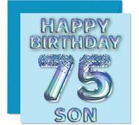 75th Birthday Card for Son - Blue Glitter Party Balloons - Happy Birthday Cards for 75 Year Old Son from Mum Dad Parents, 145mm Bday Greeting Cards Gift